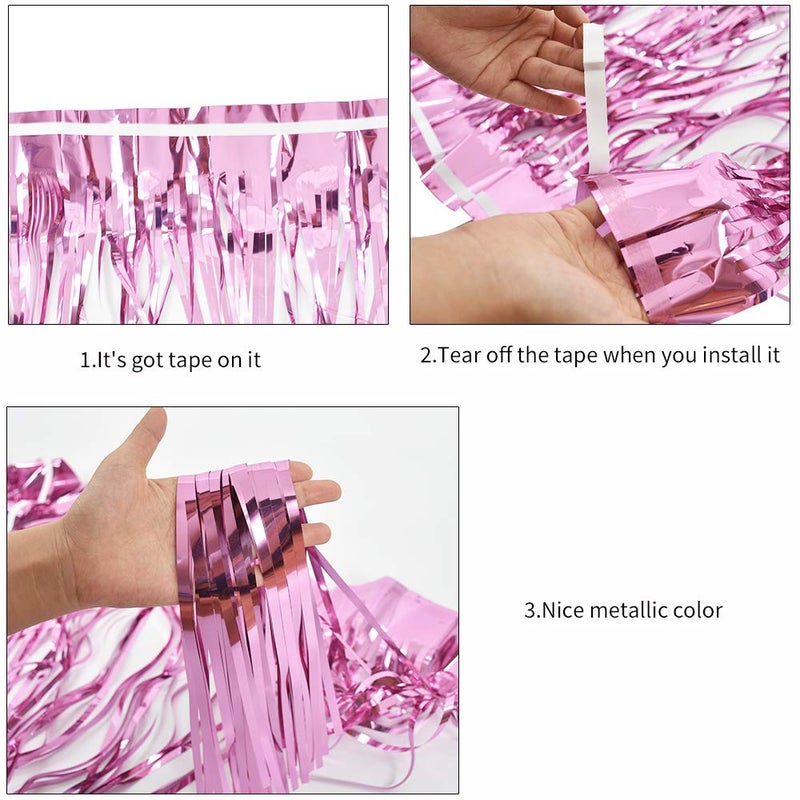 BEISHIDA 2 Packs Metallic Foil Fringe Table Skirt Pink Tinsel Table Skirt Garland for Rectangle Tables Hotel Floats Mardi Gras Holiday Birthday Wedding New Year Party Decoration (108 X 29 inch) - Image 3